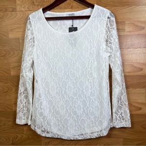 Yawove Size Small White Lace Lined Boatneck Blouse W/Long Sleeves